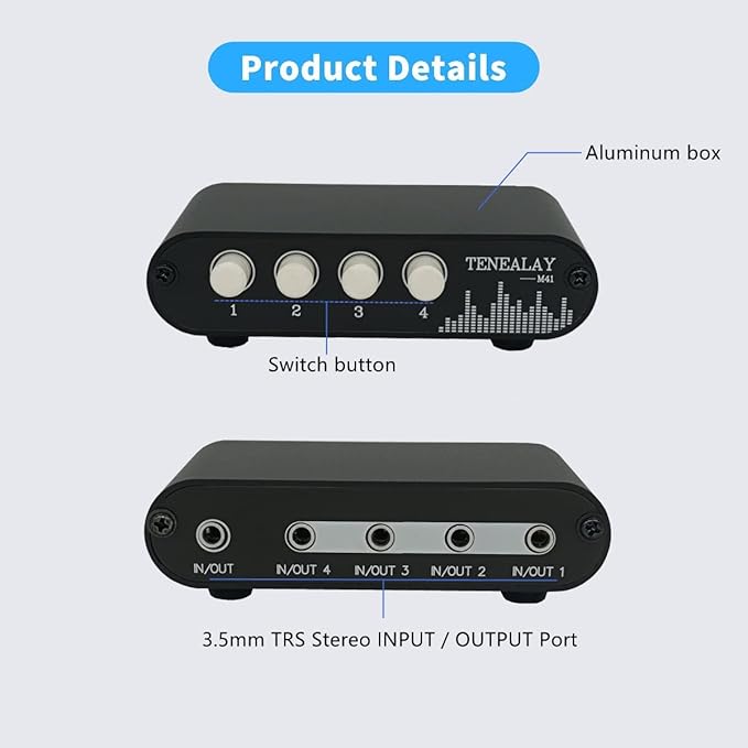 4 in 1 Out / 1 in 4 Out AUX 3.5mm Stereo Audio Input Signal Source Switcher, 4-Way Switch Selector Splitter Box M41