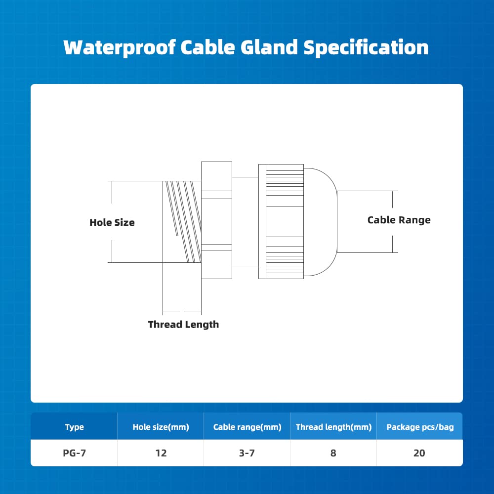 CGELE Cable Gland 20 Pack Plastic Waterproof Adjustable Connector 3-7mm PG7 Strain Relief Cord Connectors Joints Nylon with Gaskets