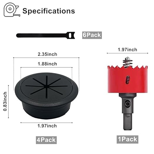 4 Pack Desk Grommet 2 Inch (50 mm), Desk Hole Cover for Cables, Black Desk Cord Hole Cover for Office Home Table, Cable Grommet with 1 Hole Saw Drill Attachment & 6 Cable Ties