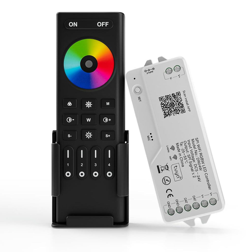 BTF-LIGHTING 2.4G WiFi DR04W SPI RGBW Controller RC03RF RF Remote Tuya APP/Smart Life/Google Home/Alexa Control Support SK6812RGBW SMD/FCOB WS2814 IC etc Addressable RGB+W LED Strip STA Mode