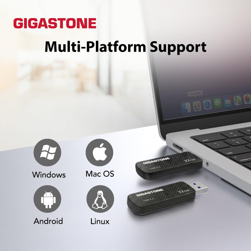 GIGASTONE 32GB USB 3.2 Flash Drive 5-Pack, 80MB/s High-Speed Data Transfer, Carbon Fiber Design, Retractable