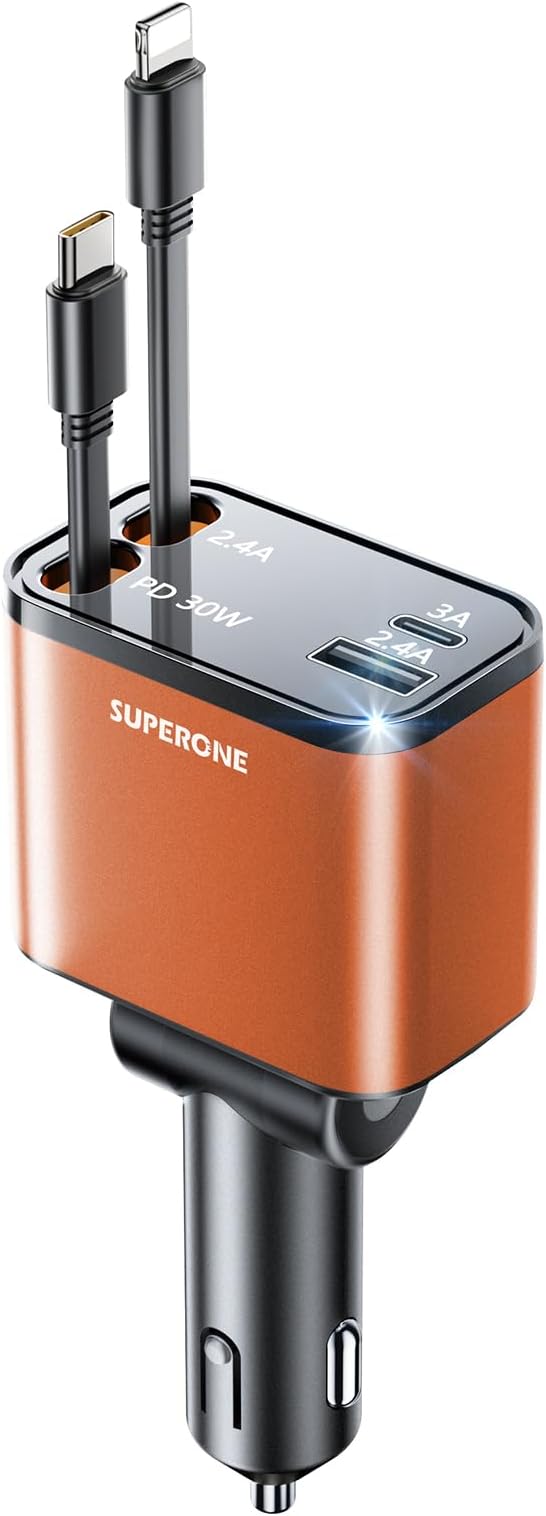 [2024 Upgraded] 4 in 1 Retractable Car Charger, SUPERONE Smaller Fast Car Phone Charger 69W with Cord, USB C and iPhone Car Charger Adapter, Compatible iPhone 15/15 Pro Max/14/13/12/11, Sumsung