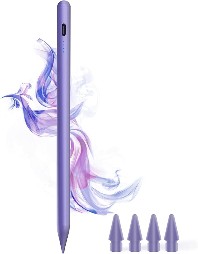 Stylus Pen for iPad 9th&10th - Type-c Charging Pencil for ipad Palm Rejection Active Pen Compatible with (2018-2025) Apple iPad 6/7/8/9/10/11(A16), Air 3/4/5/M2/M3, Mini 5/6, Pro 11"/12.9"/M4（Purple）