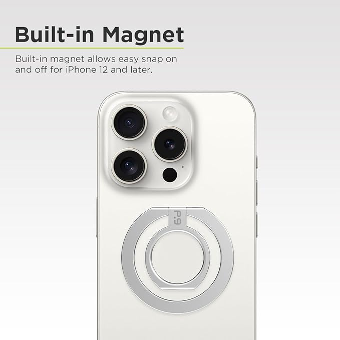 PureGear Magnetic Phone Grip Ring Stand, Magnetic Phone Ring Holder for MagSafe iPhone 16, 16 Pro, 16 Plus, 16 Pro Max, 15, 15 Plus, 14, 14 Pro, 14 Pro Max, 13, 12 Adjustable Kickstand(Brushed Silver)