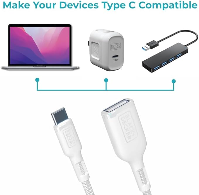BLACK+DECKER USB C to USB A Adapter, USB C Male to USB Female Adapter Nylon Braid, Type C OTG Cable Compatible w/iPhone 16 15 Pro, MacBook Pro 2022/Air/Mini, iPad—2 Pack, 3" (White)