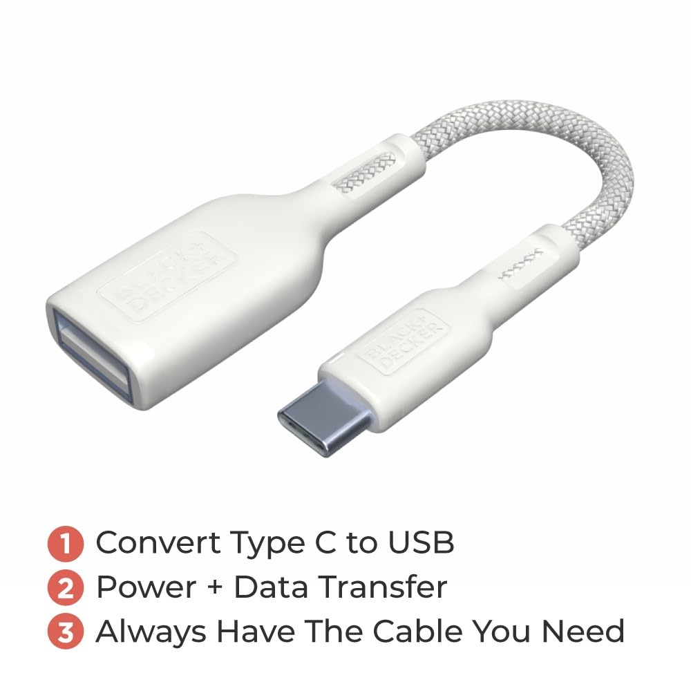 BLACK+DECKER USB C to USB A Adapter, USB C Male to USB Female Adapter Nylon Braid Type C OTG Cable Compatible w/iPhone 17 16 15 Pro MacBook Pro 2022/Air/Mini iPad, 2Pack, 3" (White)