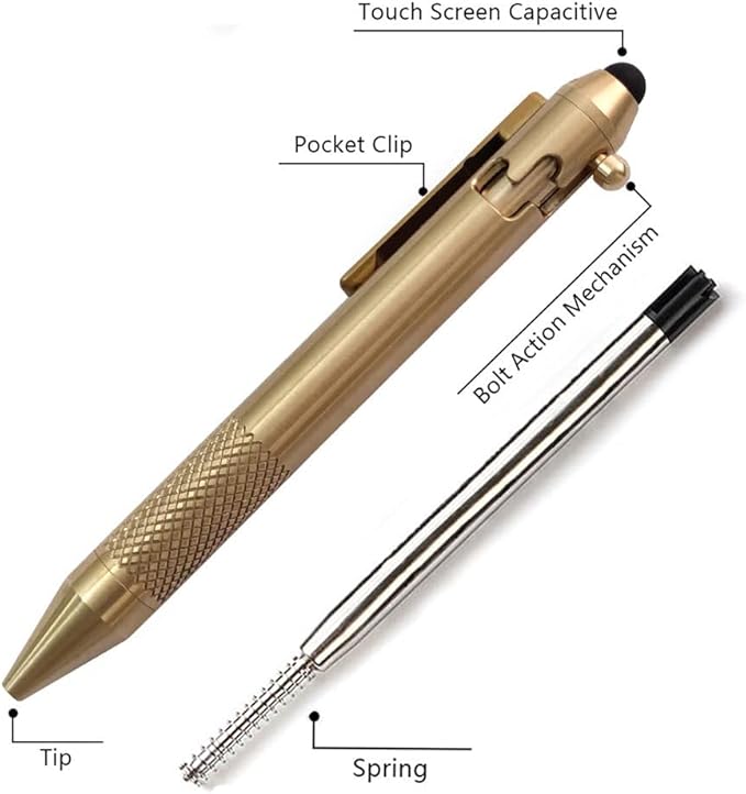 Cool Hand 4.9'' Brass Bolt Action Pen with Retractable Stylus Tip for Any Touch Screen, Ballpoint Ink Refillable, Compact Size, Skelton Out Deep Pocket Clip (Brass)