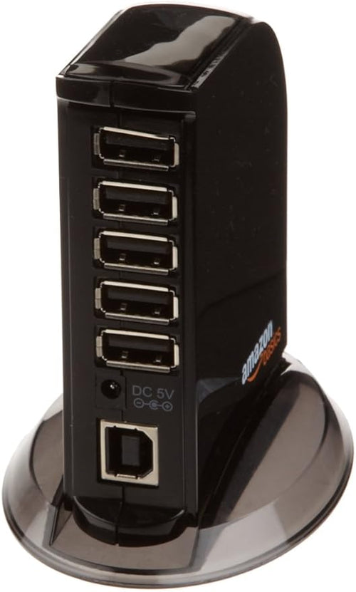 Amazon Basics 7-Port USB 2.0 Hub Tower for Laptop and PC, USB Splitter with 5V/4A Power Adapter, 2 Fast Charging Ports, Plug and Play, Black