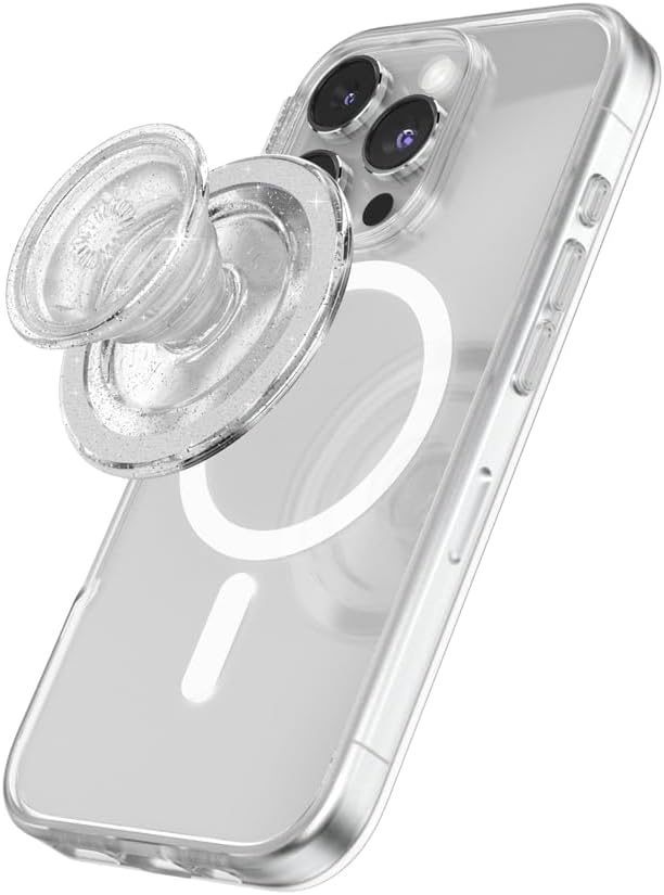 PopSockets Phone Grip for MagSafe with Kickstand, Magnetic Stand, Swappable Top, Secure Hold for iPhone MagSafe Cases, Phone & Tablet Grip, Cute PopSockets - Clear Glitter