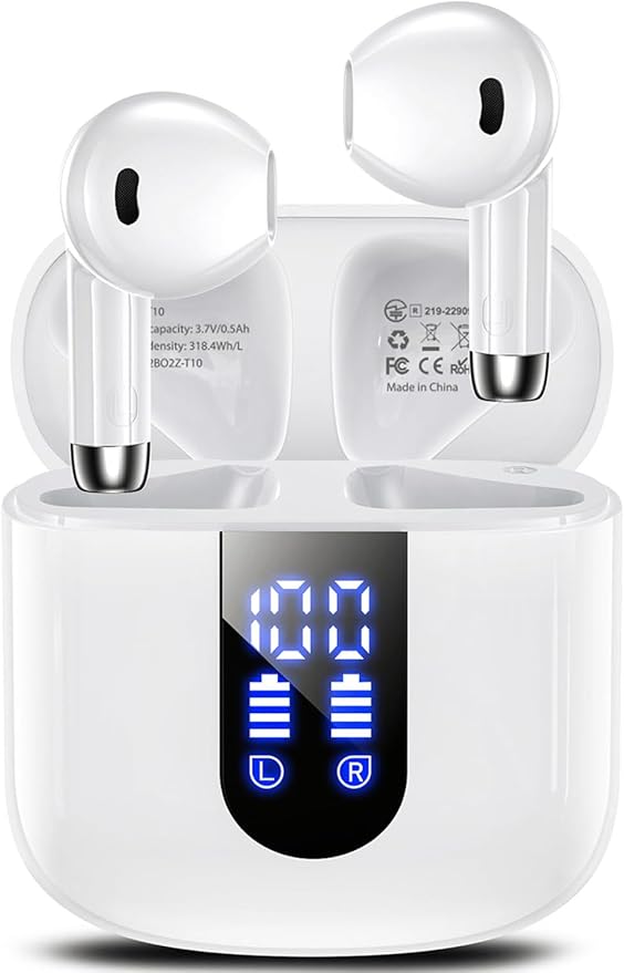 Wireless Earbuds, Bluetooth Headphones with Deep Bass Stereo, 48H Playback Ear Buds with LED Power Display Charging Case，Lightweight, IPX7, in-Ear Earphones with Mic for for Phone Tablet Laptop, White
