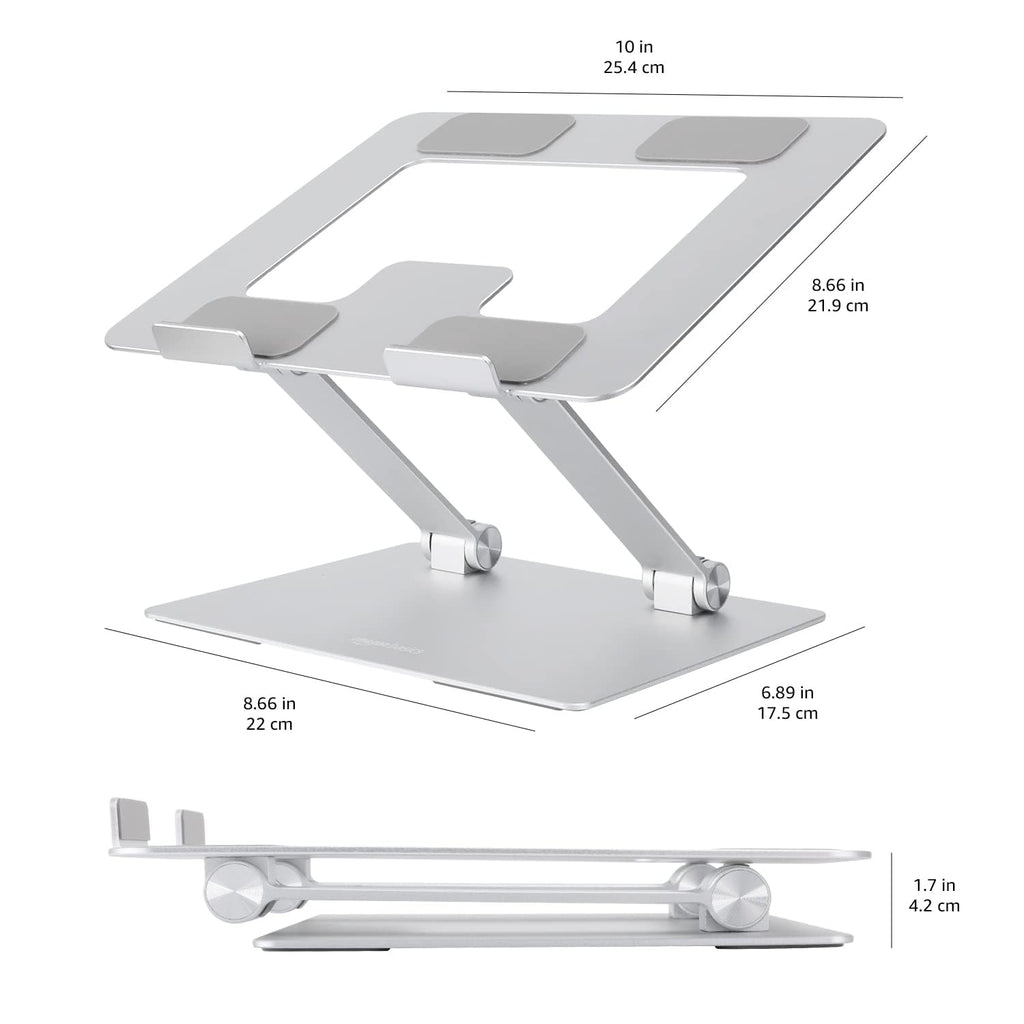 Amazon Basics Sturdy and Portable Ergonomic Laptop Stand for Desk, Height Adjustable Riser with Ventilated Cooling, Foldable, Fits all Laptops up to 15.6 Inch, Silver