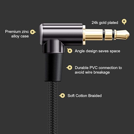 CableCreation 3.5mm Audio Cable 6FT/1.8M, Right Angle Male to Male Auxiliary Stereo HiFi Cable with Silver-Plating Copper Core for Car Stereos, iPhones, Tablets, Speaker, Laptops, 24K Gold Plated