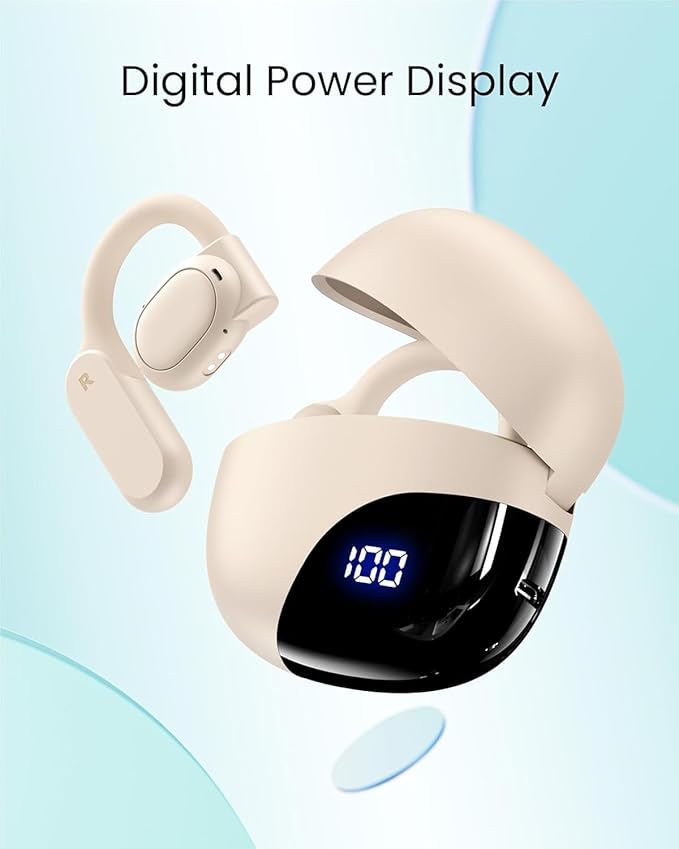TAGRY Open Ear Earbuds Wireless Bluetooth Headphones 80Hrs Playtime Ear Buds with Earhooks IPX7 Waterproof Touch Control Earphones Sport Headsets for Workout Running Beige