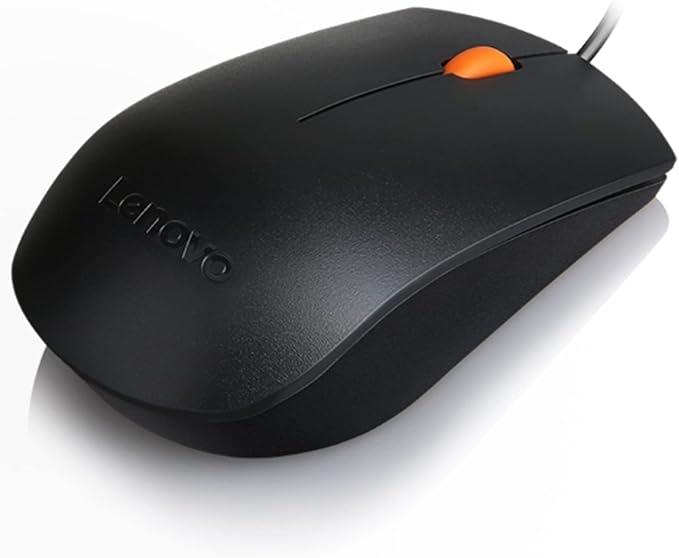 Lenovo 300 USB Wired Computer Mouse - Full Size Optical Ambidextrous Mouse with 1600 DPI, Reliable USB-A Wired Connection, Easy 3-Button Navigation – Long Lasting, Durable Basic Mouse, Black