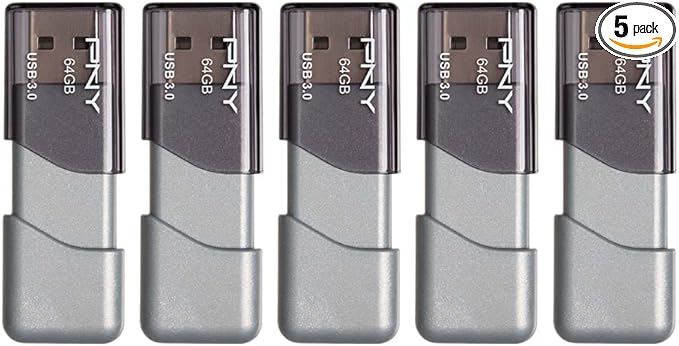 PNY 64GB Turbo Attaché 3 USB 3.0 Flash Drive, Silver (Pack of 5)