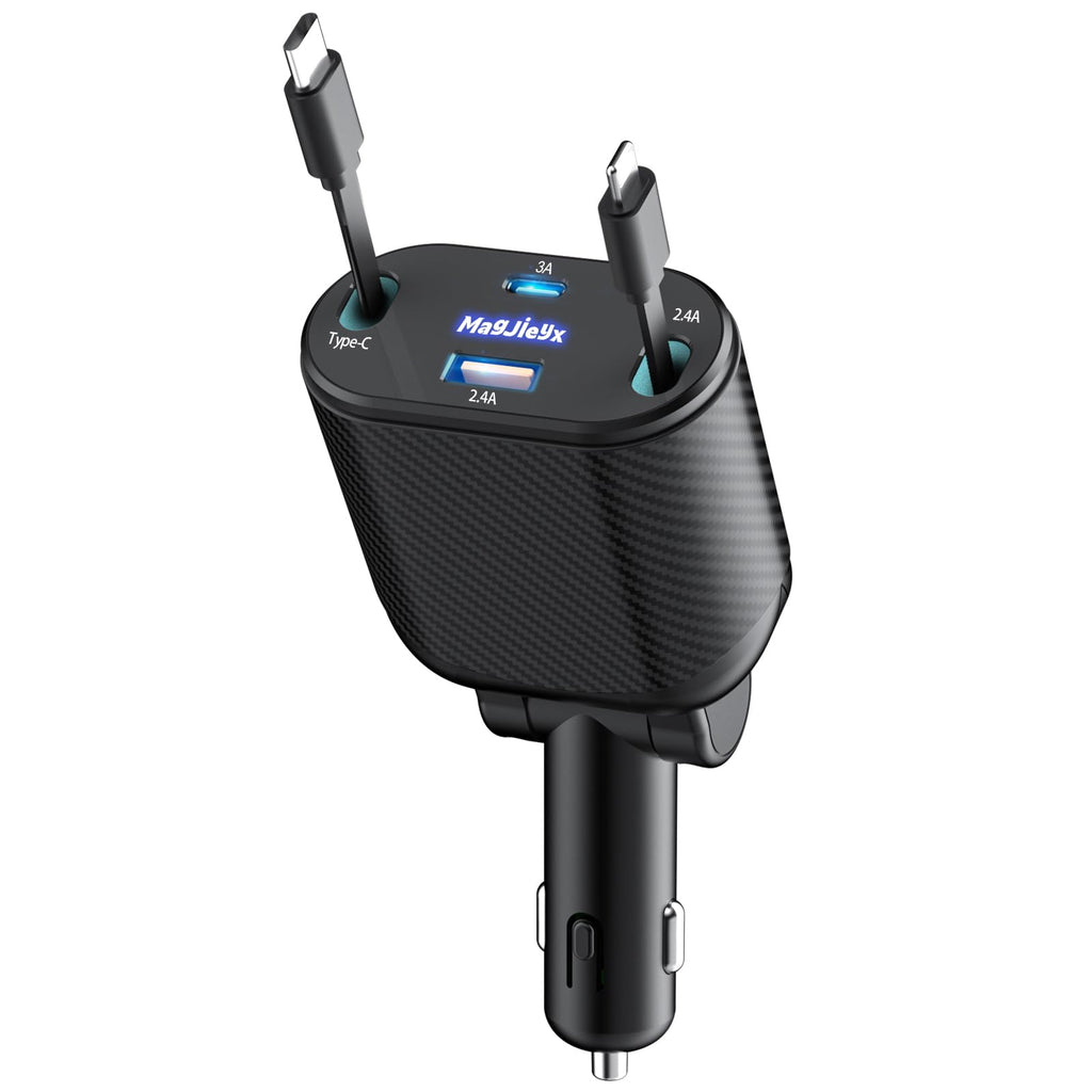 MAGJIEYX Retractable Car Charger, Fast Charging Adapter 62W Type-C/USB-i Cables and USB C/USB A QC & PD Ports for iPhone 17/16/15/14/13/12Pro Max Plus,iPad,AirPods, Galaxy