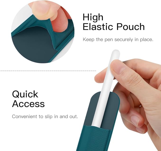 MoKo Pencil Holder Sticker Fit Apple Pencil Pro, Apple Pencil (USB-C), Apple Pencil 1st/2nd Generation, Elastic Pencil Pocket Pouch Adhesive Sleeve Attached to iPad Case for Stylus Pens,Midnight Green
