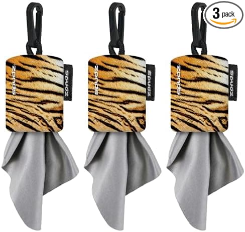 SPUDZ Classic Microfiber Lens Cleaner – Clip-On Pouch, Washable – for Binoculars, Scopes, Glasses, Screens | Tiger, 6 x 6 Inch (3-Pack)
