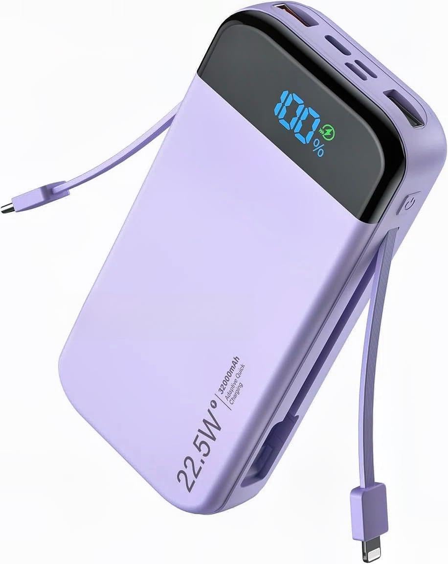 Phone Battery Bank 32000mAh 22.5W w/Built-in Cables & USB C Fast Charging