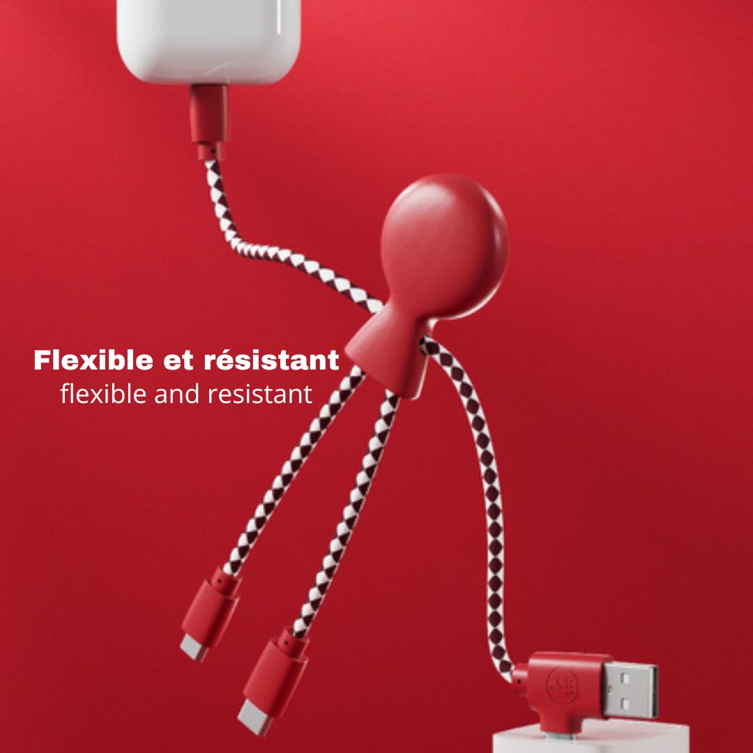 Xoopar Multi USB Cable 4 in 1 - Universal Charger Made from Recycled Plastic - USB, USB-C, Lighting, Micro USB Ports - Compatible with All Smartphones Mr Bio RED Octopus