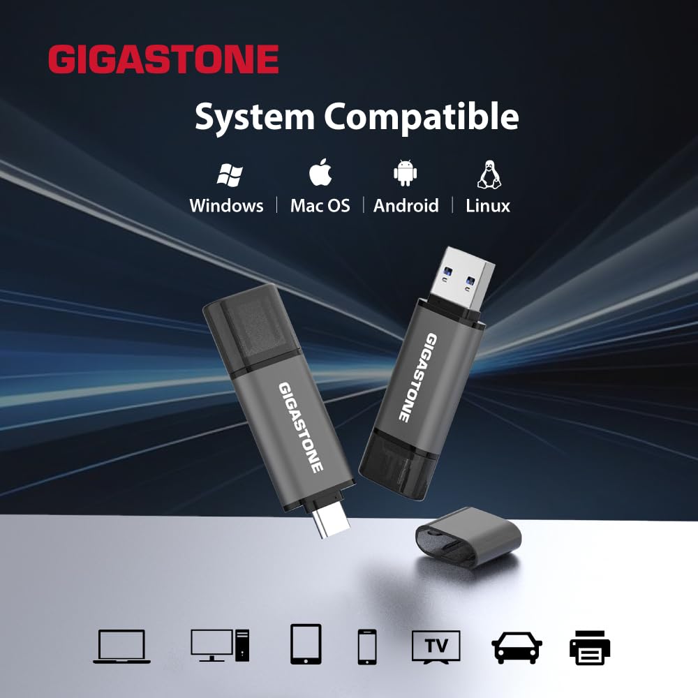 GIGASTONE 128GB Dual USB Flash Drive 2-Pack, USB 3.2 Gen 1, 2-in-1 USB C+A, Speed Up to 100MB/s, Head Cap Design Thumb Drive, Plug & Play for Smartphone/PC/Mac/TV/Car Audio, USB 2.0/3.0/3.1 Compatible