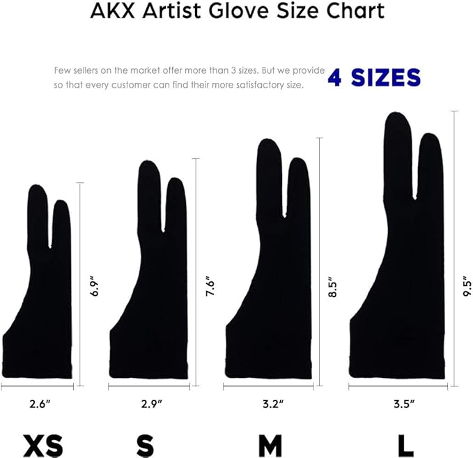 AKX Artist Glove, Palm Rejection Drawing Glove for Graphic Tablet, iPad - Smudge Guard, 2-Finger, Good for Left and Right Hand (Black, Small, 2 Pack)