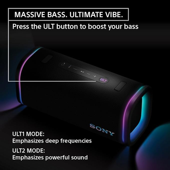 Sony ULT Field 5 Wireless Portable Bluetooth Speaker, IP67 Waterproof, Dustproof, and Rustproof with Enhanced Bass, 25 Hour Battery, 360° Party Light, and Shoulder Strap (SRSULT50B), Black