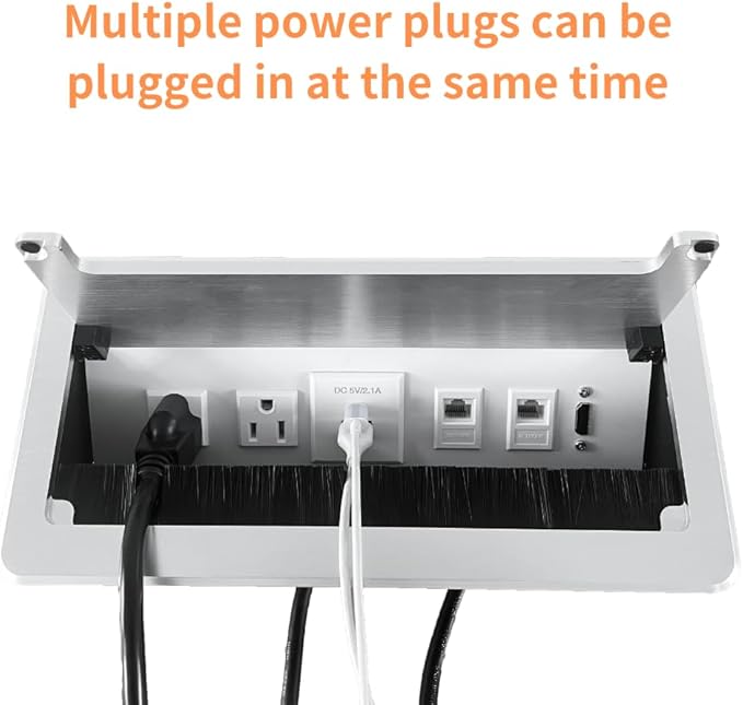 ZESHAN Conference Table Power hub Conference Table connectivity Box with 45 Degree Angle Convenient Plug-in Socket, Power Fully Enclosed Bottom Box Power Socket, USB, Type C, HDMI, RJ45, Silver