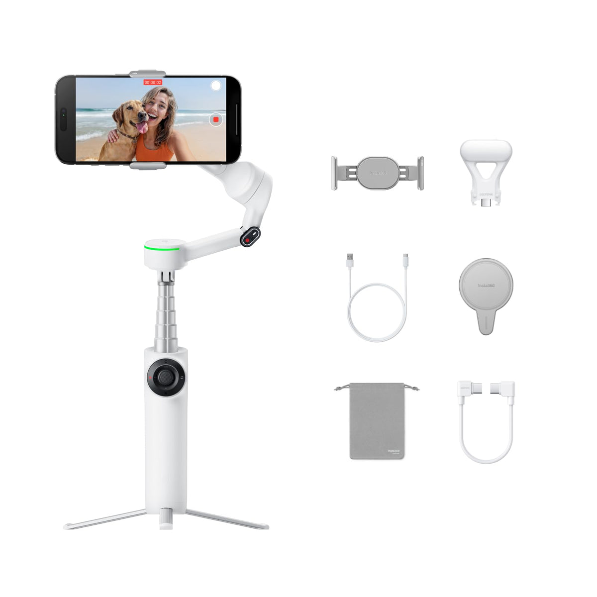 Insta360 Flow 2 Pro Creator Bundle White - Foldable AI Phone Gimbal, Apple DockKit, 360º Pan Tracking, Free Tilt Mode, Built-In Tripod/Selfie Stick, Portable Vlog/Travel Stabilizer, Spotlight, MagSafe