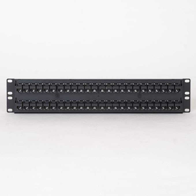 ICC CAT6 Feed-Through Patch Panel, 48 Port, 2U Rackmount, RJ45 Ethernet Patch Panel, No Punch Down, PoE++ and TAA Compliant, Black