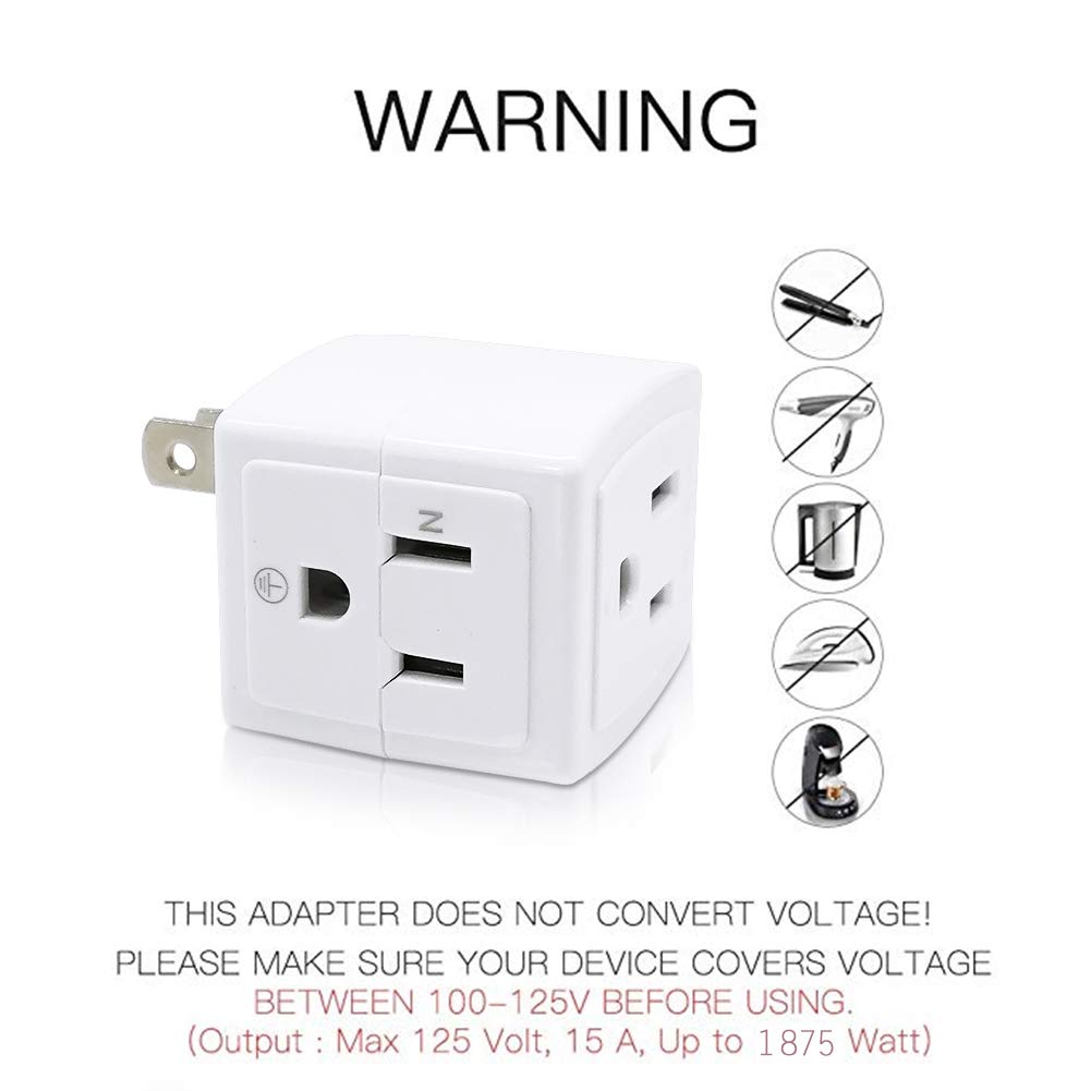 SYCON Adapter Outlet Extender, 2-Prong to 3-Prong Mini Wall Plug, Multi Outlet Splitter with 3 Outlets