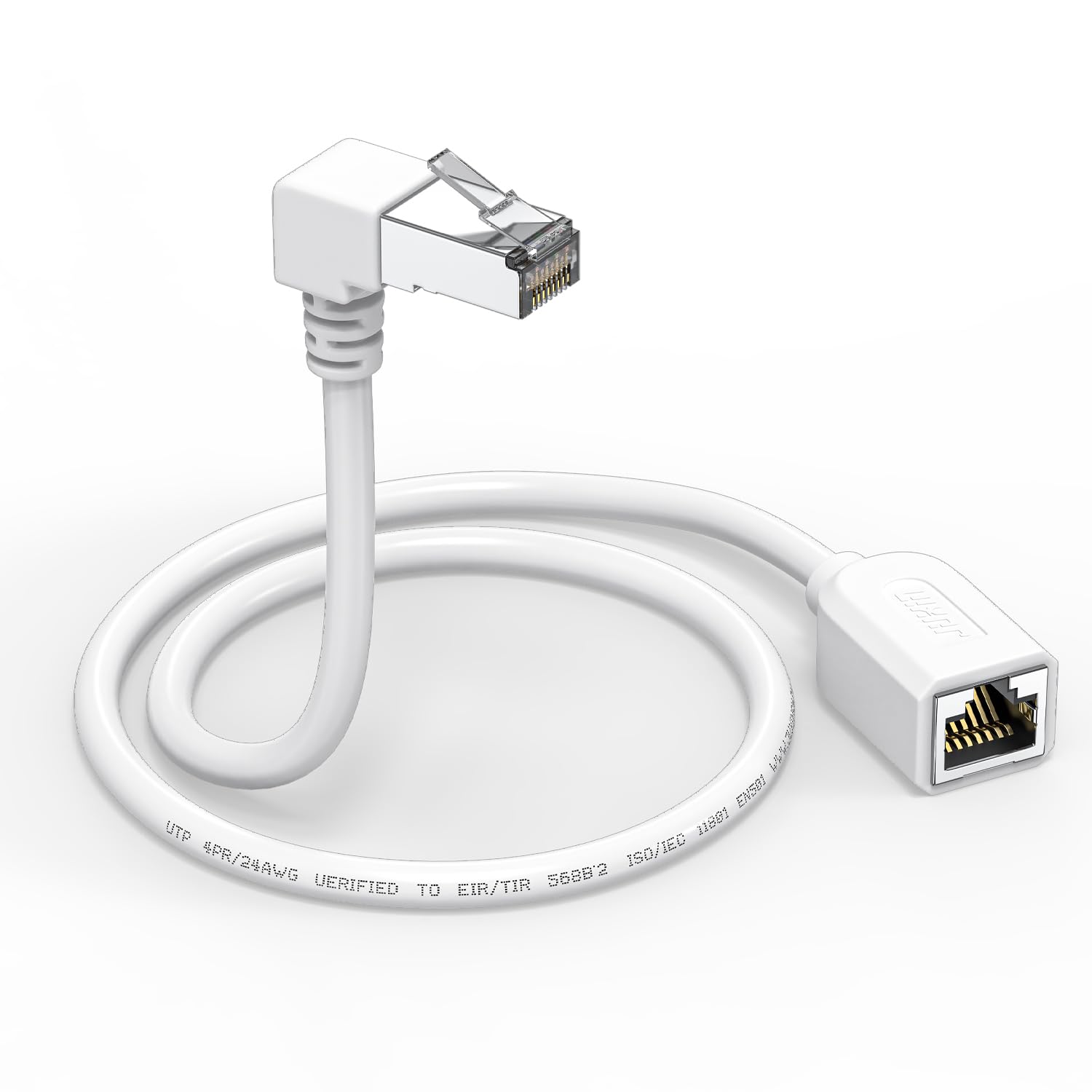 JUXINICE Right Angle Ethernet Extension Cable Down Angle1.5ft-White, 90 Degree CAT6 Ethernet Patch Cable RJ45 LAN Cable Extender Male to Female Connector for Router Modem Smart TV PC Computer Laptop