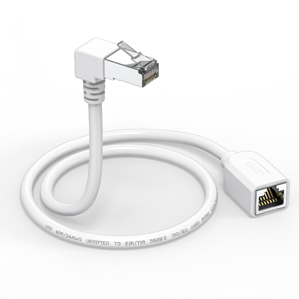 JUXINICE Right Angle Ethernet Extension Cable Down Angle1.5ft-White, 90 Degree CAT6 Ethernet Patch Cable RJ45 LAN Cable Extender Male to Female Connector for Router Modem Smart TV PC Computer Laptop
