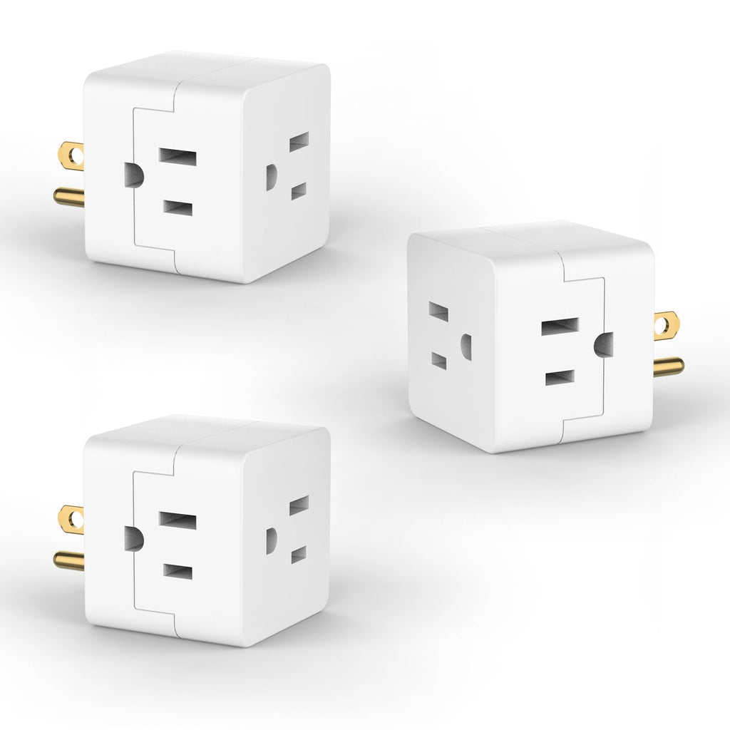 POWERCORDS 3 Outlet Cube Wall Adapter, 3 Pack, Recessed Outlet Extender, Low Profile 3 Prong Plug Splitter, Grounded Wall Tap, 90° Compact Adapter, Cruise & Travel, UL Listed 15A 125V White