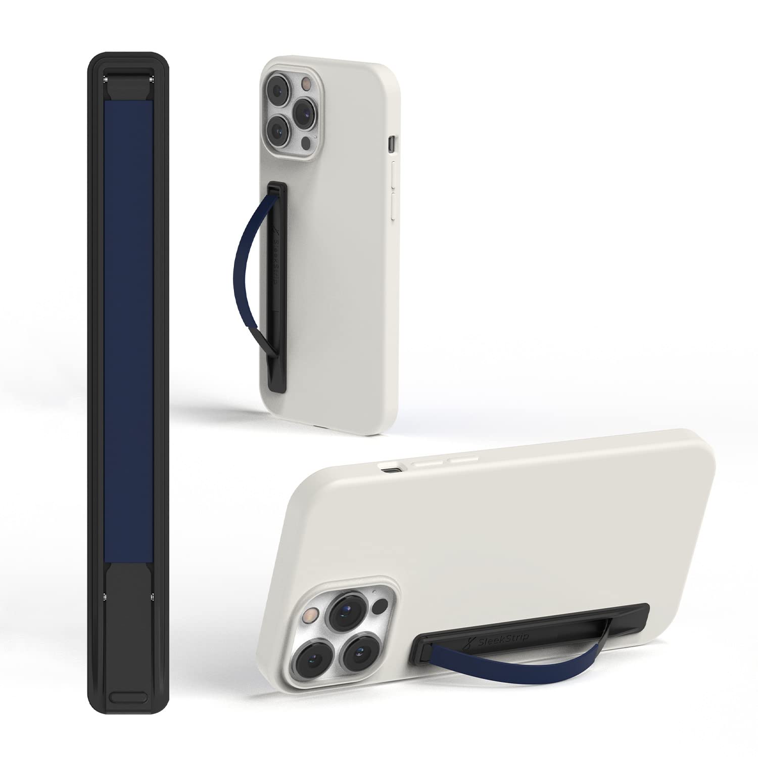 SleekStrip SleekGrip-Essential Ultra Thin Phone Grip Stand,Slim Metal Finger Loop Ring Hand Holder Strap Cell Phone Grips for iPhone 16 Pro Max,17 Air,Android,Case Back - Black x Navy Blue