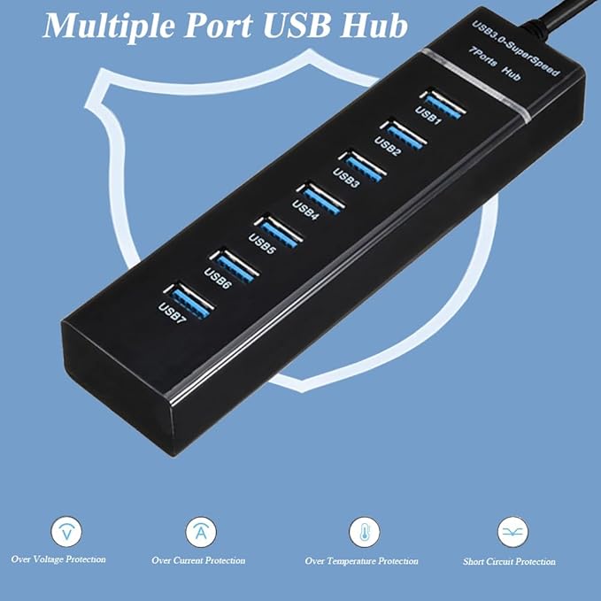 7 Ports USB Hub, Multiple Port USB Hub with Indictor Light, High Speed Data Transmission USB Adapter, Compatible with Mouse, Keyboard, Printer, Windows, MacOS, Linux