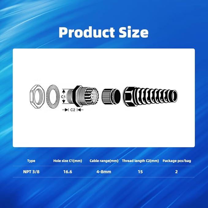 Strain Relief Cord Connector, CGELE 2 Pack NPT 3/8" Waterproof Cable Gland Cord Grip Spiral Adjustable Connector Strain Relief Cord Connectors Joints Nylon with Gaskets