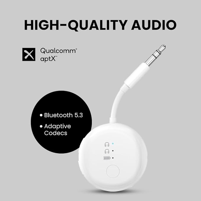 Avantree SoundJet R1 – Airplane Bluetooth Adapter for Headphones & AirPods, aptX Adaptive, Qualcomm Chipset, 20H Battery, Wireless Audio Transmitter for in-Flight Travel Essentials - White