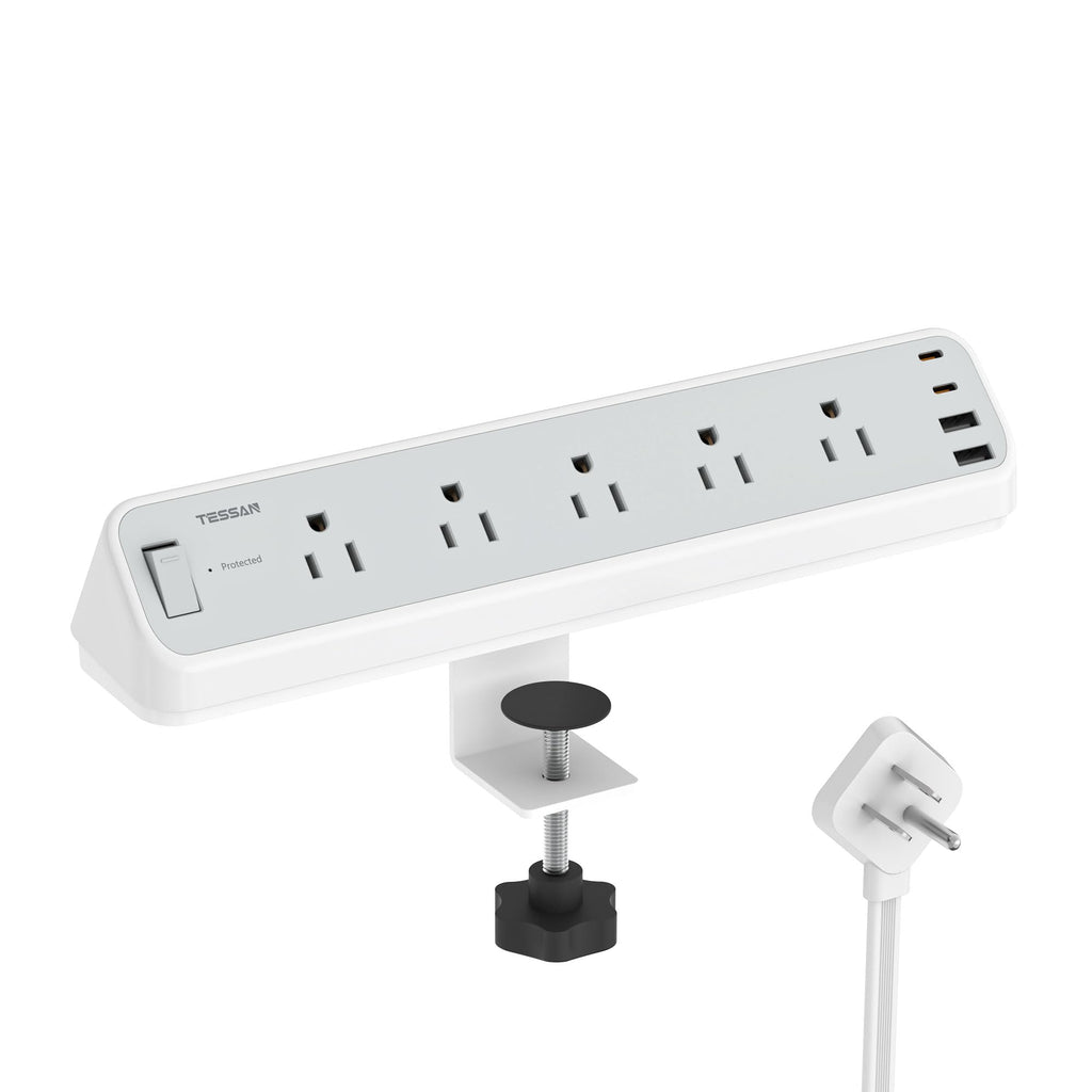TESSAN Desk Clamp Power Strip 10 Ft with 2100J Surge Protector, Gray