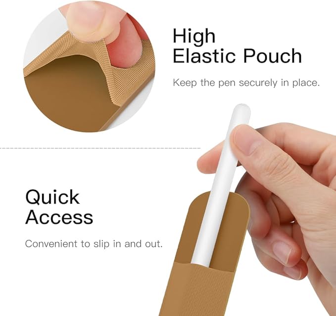 MoKo Pencil Holder Sticker Fit Apple Pencil Pro, Apple Pencil (USB-C), Apple Pencil 1st/2nd Generation, Elastic Pencil Pocket Pouch Adhesive Sleeve Attached to iPad Case for Stylus Pens, Mocha Mousse
