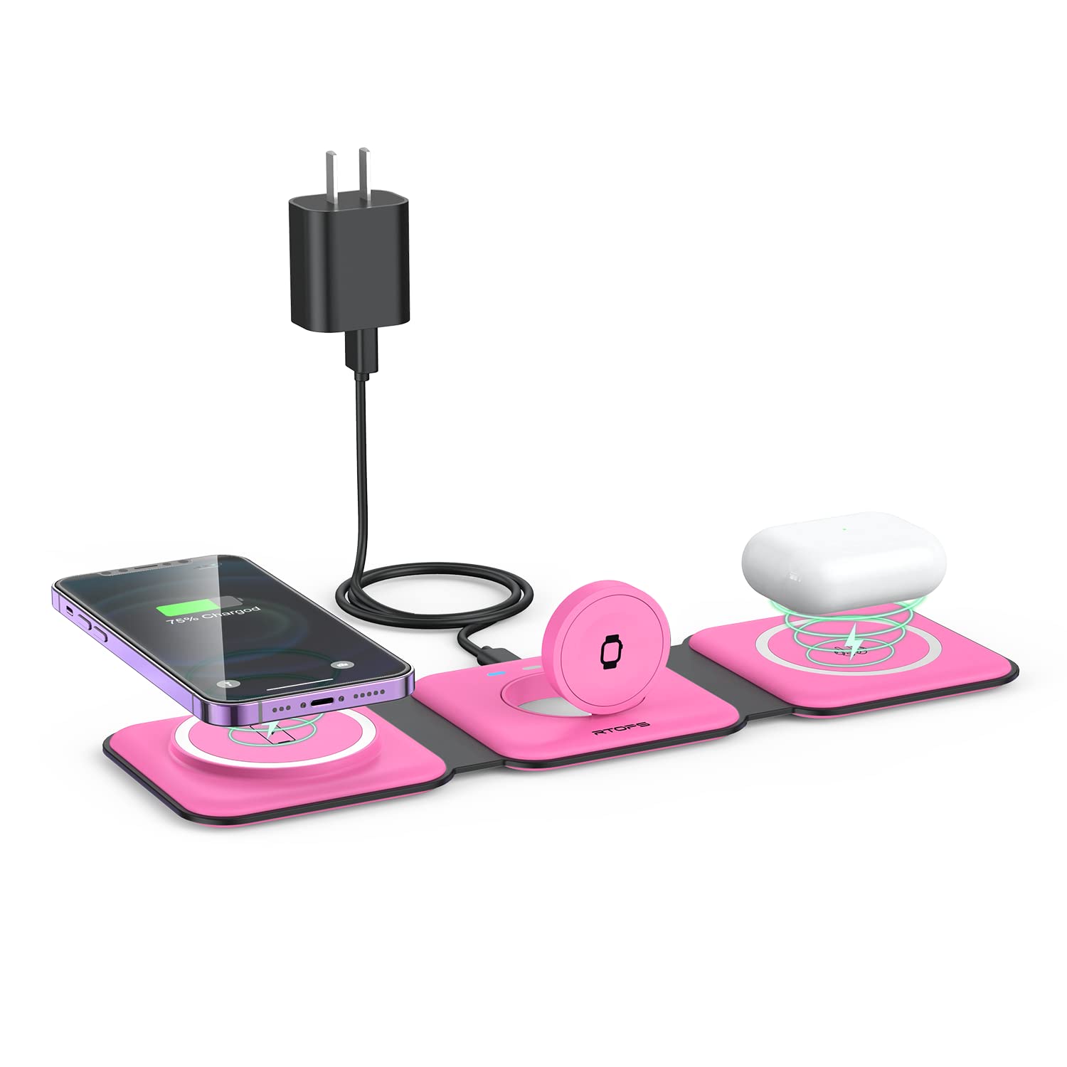 Wireless Charger 3 in 1,RTOPS Magnetic Traval Wireless Charging Station Multiple Devices,GaN 3 in 1 Charging Station,Compatible iphone17/16/15/14/13/Pro/Max,iWatch,AirPods4/3/2/Pro(Adapter Includes)
