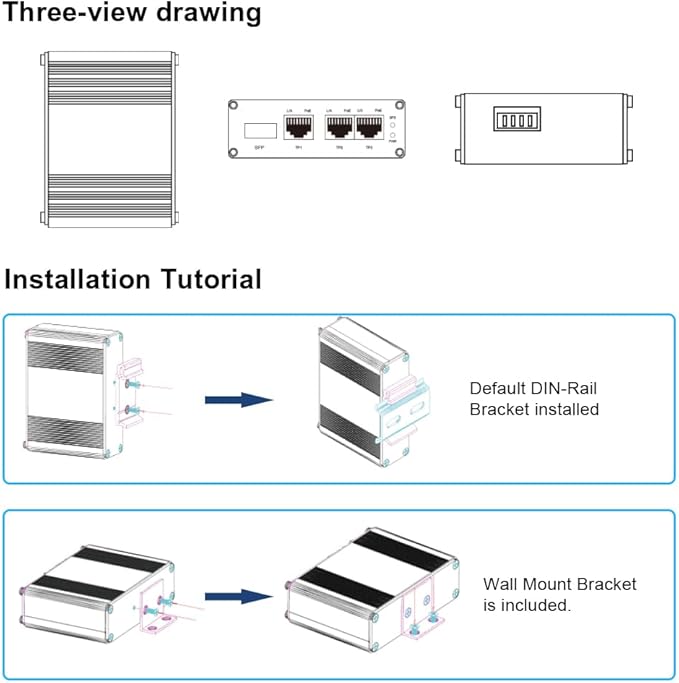 Mini Throncom 4 Ports Gigabit Industrial Fiber Ethernet Solar PoE Switch Hardened with 100/1000M Adaptive SFP Din Rail/Wall Mount VoIP/RV Truck Boost Voltage 9-58V to 48V Max 90W LNK-IMC103GP-SFP