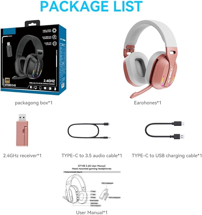 2.4GHz Wireless Gaming Headset for PC, PS5, PS4, Switch - Bluetooth 5.4, 20H Battery, with ENC Noise Canceling Microphone, Cool Lighting, 40mm Drivers,for Wired Mode Xbox Series -Rose Gold