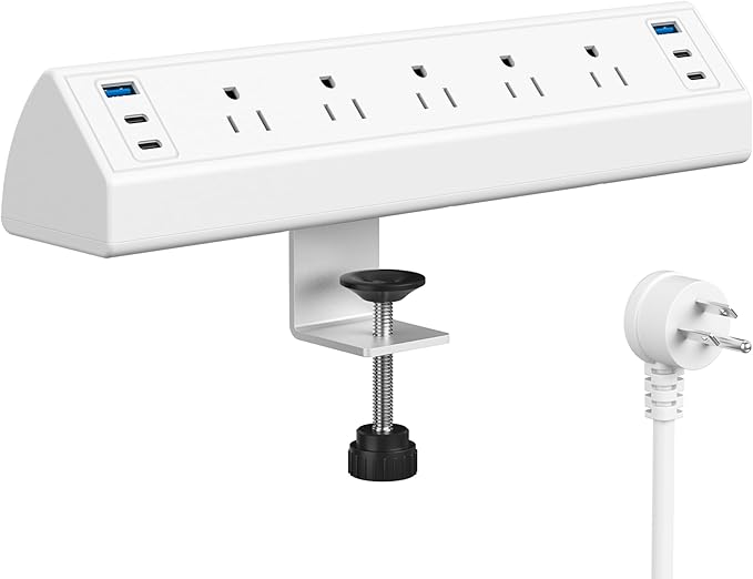 Desk Clamp Power Strip USB C,Under Desk Mount Power Station,20W Fast Charging,Fits 1.9'' Tabletop Edge,Desk Surge Protector,Perfect Home,Office Supplies (White, 5 Outlets & 6 USB Ports & 20 FT Cable)
