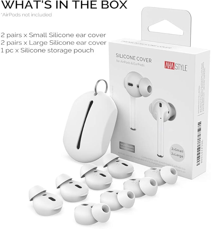 AhaStyle 4 Pairs AirPods Ear Tips Silicone Earbuds Cover [Not Fit in The Charging Case] Compatible with Apple AirPods (2 Pair Large & 2 Pairs Small, White)