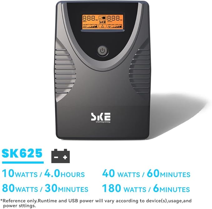 Ups Battery Backup and Surge Protector,Computer Uninterruptible Power Supply Units,Battery Backup Intelligent LCD,SKE Back UPS, Battery Backup for Computer 625VA/360W