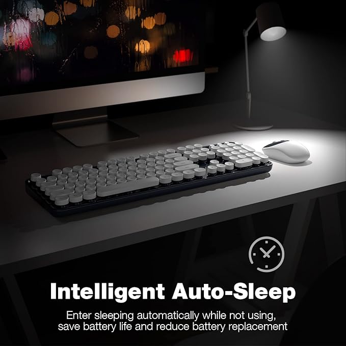 KNOWSQT Wireless Keyboard and Mouse Combo - White-DarkBlue Full-Sized 2.4 GHz 104 Keys Typewriter Keyboard, Flexible Round Keycap and Optical Mouse for Windows, Computer, PC, Laptop, Desktop