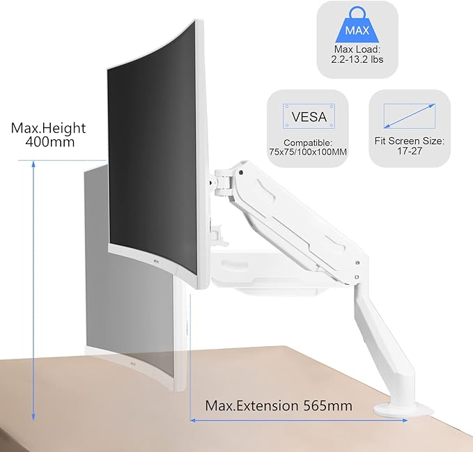 Gas Spring Monitor Arm 32 Inch,Adjustable Single Monitor Desk Mount with Swivel/Tilt/Rotation,Computer Monitors Stand Holder with Clamp/Grommet Mounting Base, VESA Mount Bracket,White