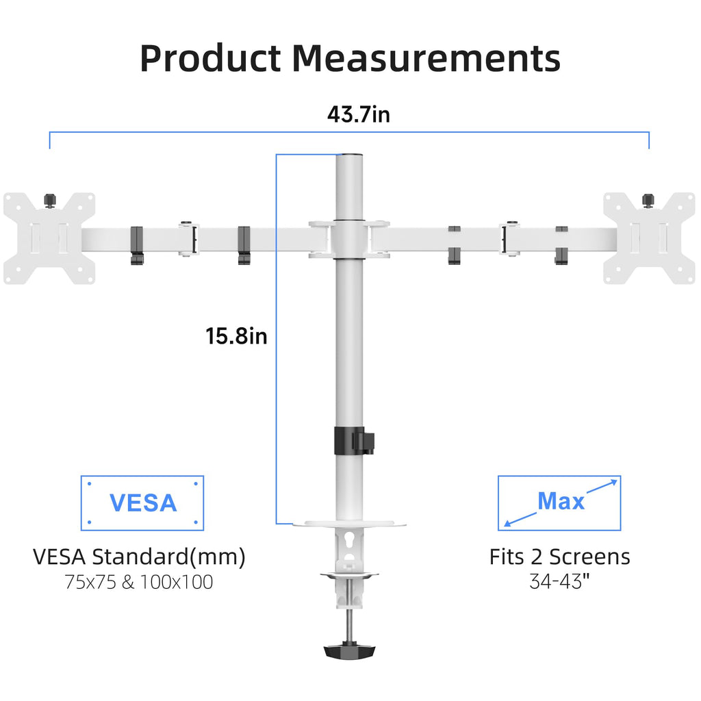 Suptek Dual Monitor Desk Mount, Adjustable Dual Monitor Arm for 2 Monitor Screens up to 43 inch, 15.75" Pole Monitor Stand for Desk, Holds up to 22 lbs,White(MD9442LW)