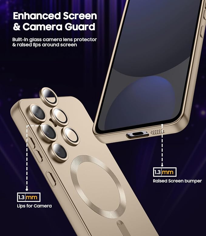 Magnetic for Samsung Galaxy S24 FE Case [Compatible with MagSafe][Built-in Camera Lens Protector] Slim Soft Silicone Bumper Shockproof Metallic Luster Phone Cover (Gold)
